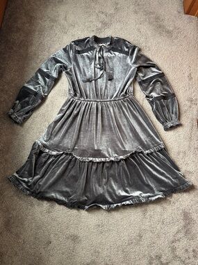 Kate & Sam Gray Velvet Dress Long Sleeve Ruffle Hem Tie Front SIZE L